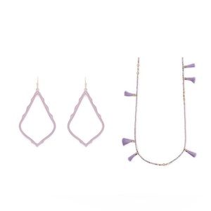Kendra Scott necklace and earrings in lilac purple